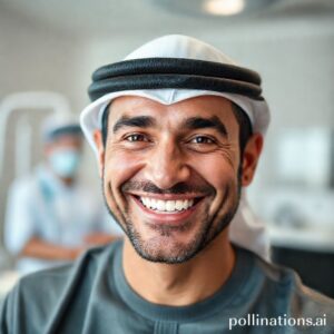 مريض سعودي يبتسم بثقة بعد زراعة الأسنان في عيادة أسنان حديثة