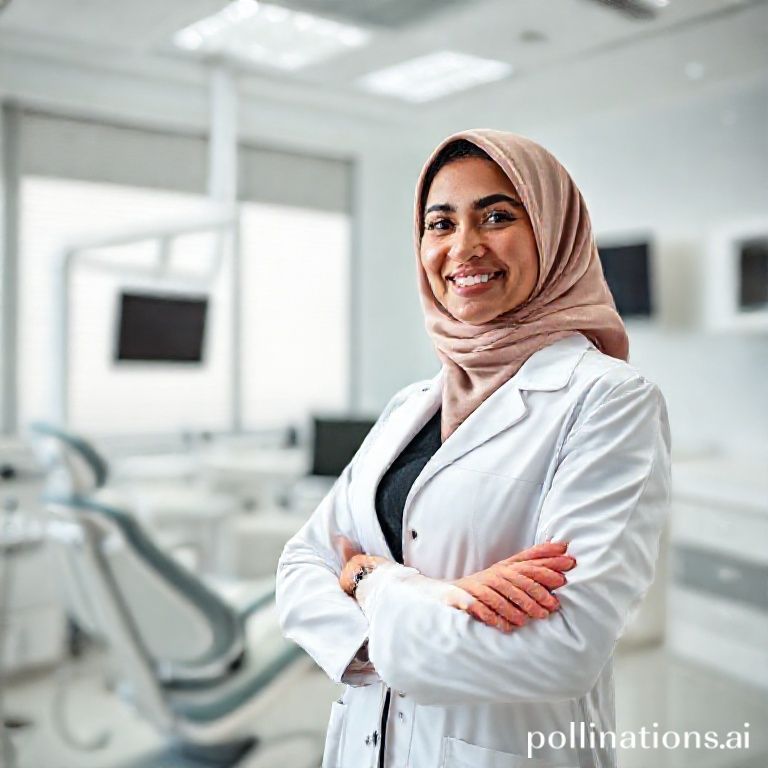 الدكتورة ريم شهاب تبتسم في عيادتها الحديثة بالرياض، تعكس الاحترافية والجودة في خدمات طب الأسنان.