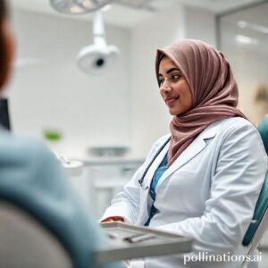 طبيبة أسنان سعودية (د. ريم شهاب) تشرح للمريض خطوات علاج العصب في عيادة أسنان حديثة بالرياض.