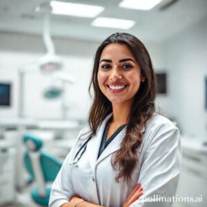 دكتورة ريم شهاب مبتسمة في عيادتها الحديثة، تُقدم خدمات ابتسامة هوليود في القنفذة