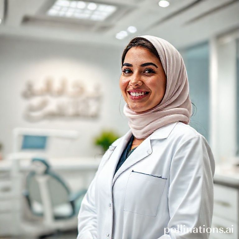 الدكتورة ريم شهاب بابتسامة دافئة في عيادتها الحديثة بالرياض، مستعدة لتقديم أفضل رعاية أسنان.