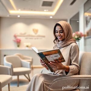 صورة لغرفة انتظار عيادة أسنان نسائية حديثة ومريحة في القنفذة، تظهر فيها سيدة سعودية مبتسمة، تعكس أجواء الهدوء والترحيب في عيادة الدكتورة ريم شهاب.