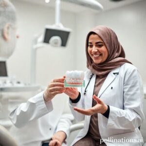 د. ريم شهاب تشرح عملية زراعة الأسنان لمريض في عيادتها بالرياض.