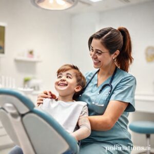 دكتورة ريم شهاب تتحدث بود مع طفل سعيد في عيادتها لطب أسنان الأطفال في الرياض.