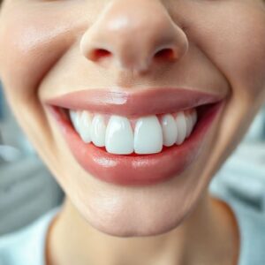 صورة مقربة للثة صحية وأسنان نظيفة تبرز أهمية العناية بالفم.