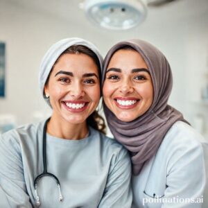 دكتورة ريم شهاب تبتسم بجانب مريضتها السعيدة بعد تركيب عدسات الأسنان (الفينير).