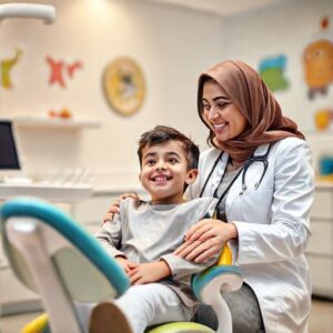 دكتورة ريم شهاب بزيها الطبي تتحدث بلطف مع طفلة سعودية مبتسمة في عيادة أسنان أطفال مجهزة ومريحة في جدة