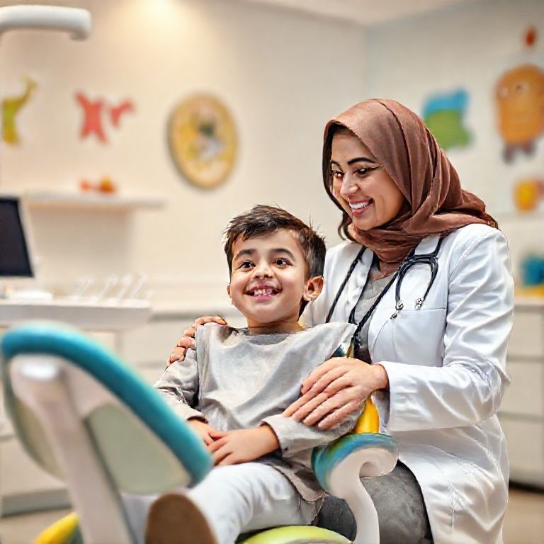 دكتورة ريم شهاب بزيها الطبي تتحدث بلطف مع طفلة سعودية مبتسمة في عيادة أسنان أطفال مجهزة ومريحة في جدة