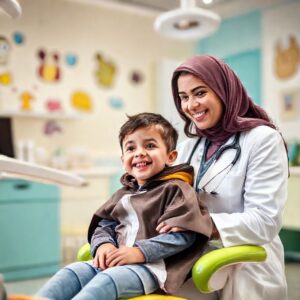 دكتورة ريم شهاب تتحدث إلى طفل سعيد في عيادة أسنان أطفال مصممة خصيصاً في الرياض.