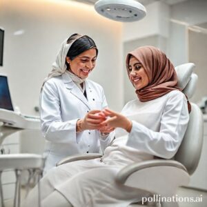 دكتورة أسنان سعودية (د. ريم شهاب) تشرح خطة علاج لمريضة مبتسمة في عيادة أسنان حديثة بمكة المكرمة، مع التركيز على التقنيات المتطورة والراحة.