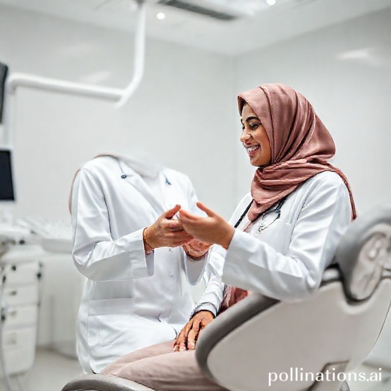 دكتورة أسنان سعودية (د. ريم شهاب) في عيادتها الحديثة بالرياض، تتحدث مع مريض في بيئة هادئة ومريحة.