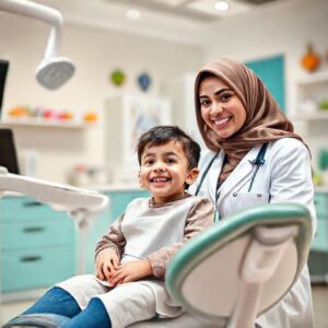 دكتورة أسنان أطفال ودودة تتفاعل مع طفل سعيد في عيادة أسنان حديثة ومرحبة