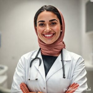 الدكتورة ريم شهاب تبتسم بثقة في عيادتها المتطورة لطب الأسنان، السعودية.
