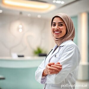 دكتورة أسنان سعودية تبتسم في عيادة حديثة توضح راحة المريض وثقته