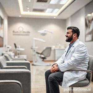 د. ريم شهاب تتحدث مع مريض في عيادتها الحديثة بالرياض، تعكس صورة المهنية والرعاية الفائقة.