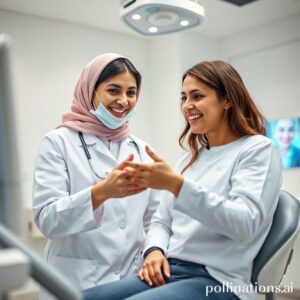 دكتورة ريم شهاب تشرح للمريضة خيارات علاج الأسنان في عيادة حديثة بالرياض