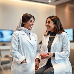 الدكتورة ريم شهاب تبتسم مع مريضة سعيدة في عيادتها بالرياض، تناقشان خيارات تقويم الأسنان