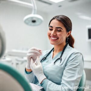 دكتورة ريم شهاب تفحص أسنان مريض في عيادتها الحديثة بالرياض، تعكس الصورة الثقة والاحترافية.