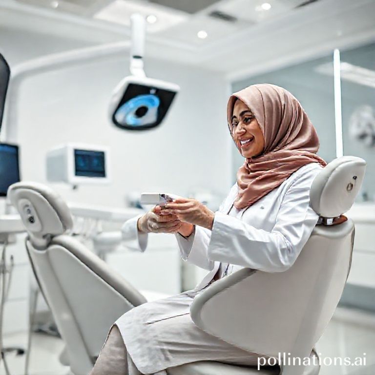 دكتورة ريم شهاب في عيادتها الحديثة بالرياض، تشرح استخدام أحدث تقنيات الأسنان لمريضة مبتسمة، تعكس الابتكار والراحة.