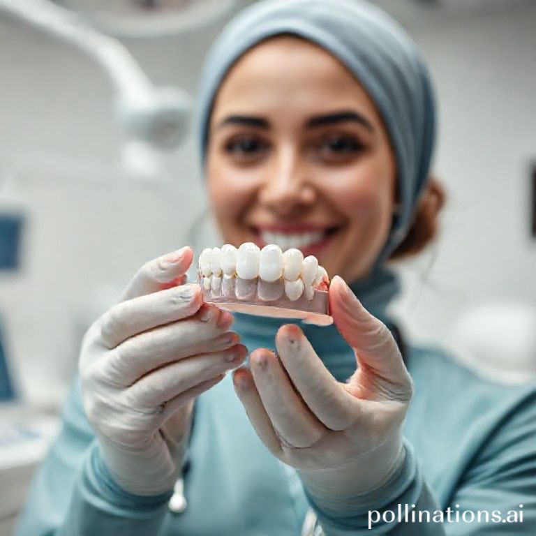 صورة مقربة لدكتورة أسنان تحمل تركيبات أسنان ثابتة مثل تاج أو جسر، تظهر الدقة والجودة في عيادة د. ريم شهاب بالرياض.