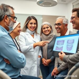 دكتورة أسنان تشرح لمرضى بالغين عن خيارات التقويم السني في عيادة حديثة بالرياض.