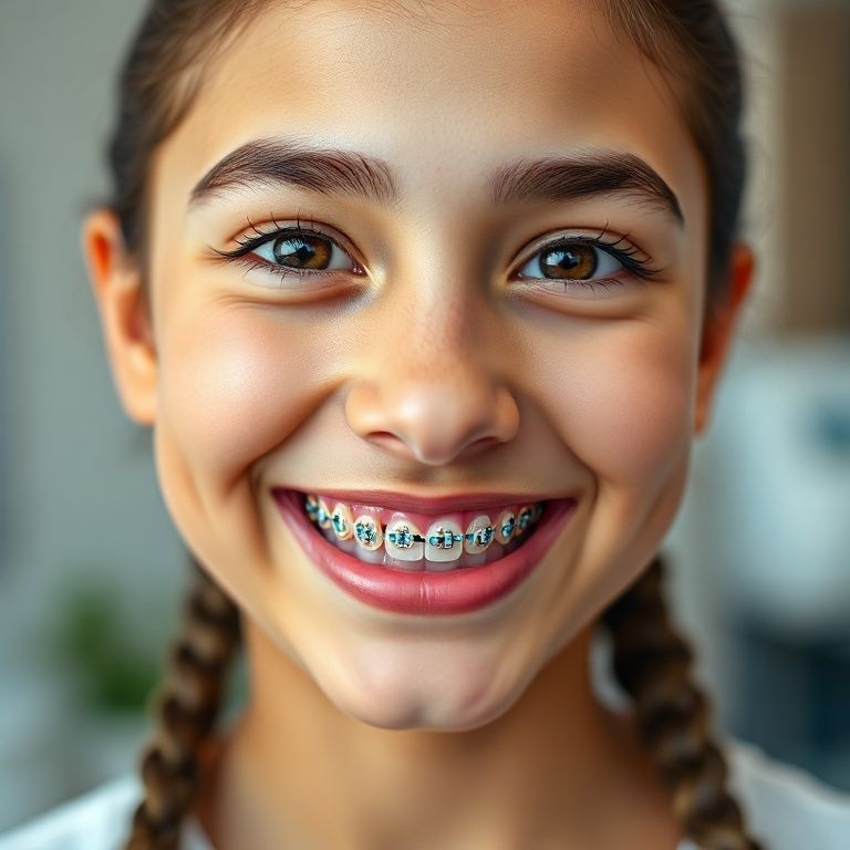 فتاة سعودية شابة تبتسم ببريق، تظهر تقويم أسنانها الملون بالوردي والأزرق الفاتح، في عيادة د. ريم شهاب.