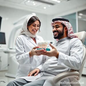 طبيبة أسنان سعودية (د. ريم شهاب) تشرح عملية صناعة الأسنان الطبية لمريض في عيادتها الحديثة بالرياض.