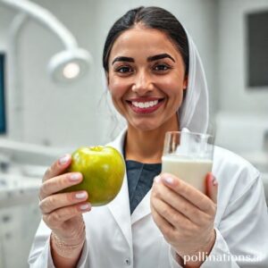 د. ريم شهاب تبتسم وتمسك بفاكهة التفاح وكوب من الحليب، رمزًا للمقويات الطبيعية للأسنان في عيادتها بالرياض.