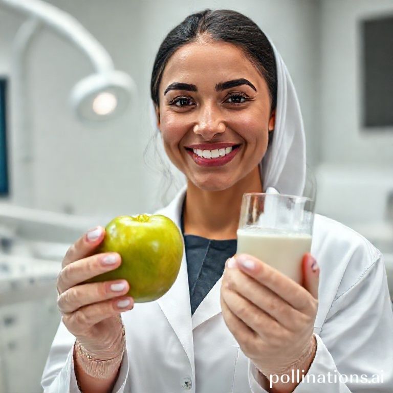 د. ريم شهاب تبتسم وتمسك بفاكهة التفاح وكوب من الحليب، رمزًا للمقويات الطبيعية للأسنان في عيادتها بالرياض.