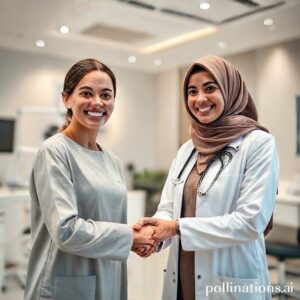 د. ريم شهاب تتحدث مع مريضة سعيدة في عيادة أسنان حديثة بجدة بعد نجاح علاج تقويم الأسنان