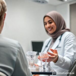 د. ريم شهاب تشرح الفرق بين التركيبات السنية الثابتة والمتحركة للمريض باستخدام نماذج توضيحية في عيادتها بالرياض.