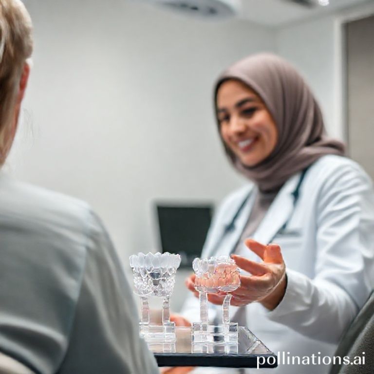 د. ريم شهاب تشرح الفرق بين التركيبات السنية الثابتة والمتحركة للمريض باستخدام نماذج توضيحية في عيادتها بالرياض.