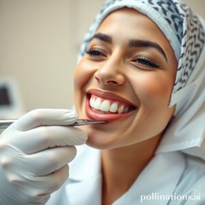 د. ريم شهاب تفحص تلبيسة أسنان مثالية لمريض في عيادتها بالرياض