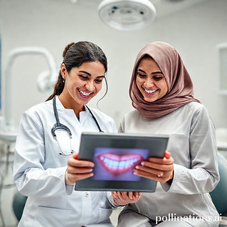 دكتورة ريم شهاب تستعرض نتائج تلبيسات الأسنان مع مريضة سعيدة في عيادتها بالرياض.