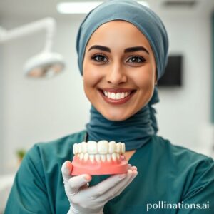 دكتورة ريم شهاب تعرض نموذج أسنان صناعية في عيادتها بالرياض