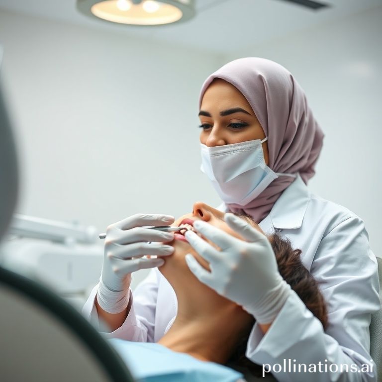 دكتورة ريم شهاب طبيبة أسنان عربية تفحص فك مريض في عيادتها بالرياض