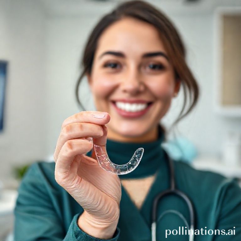 الدكتورة ريم شهاب تمسك مثبت أسنان متحرك تشرح فوائده في عيادتها بالرياض.