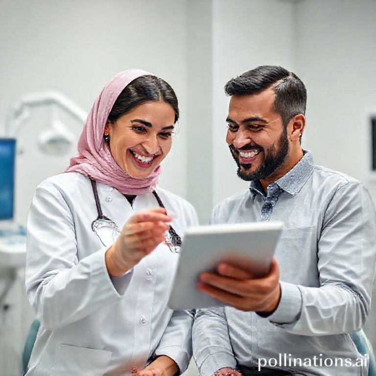 د. ريم شهاب تشرح للمريض كيفية العناية بالأسنان للحفاظ على بياضها وصحتها في عيادتها بالرياض.