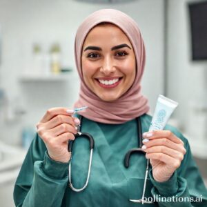 د. ريم شهاب تبتسم وتمسك بفرشاة أسنان ومعجون، تقدم نصائح لحماية الأسنان من التسوس في عيادتها بالرياض.