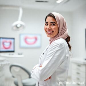 د. ريم شهاب تبتسم في عيادتها الحديثة، تقدم نصائح للعناية بالأسنان في الرياض