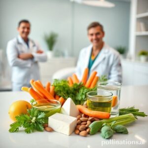 مجموعة من الأطعمة الصحية والمفيدة للأسنان مثل التفاح والجزر ومنتجات الألبان، مع خلفية عيادة أسنان حديثة.