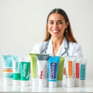 أنواع مختلفة من معاجين الأسنان مع ابتسامة د. ريم شهاب في الخلفية، توضح أهمية اختيار المعجون المناسب لصحة الفم.