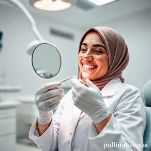 د. ريم شهاب تفحص أسنان مريض مبتسم في عيادة أسنان حديثة بالرياض