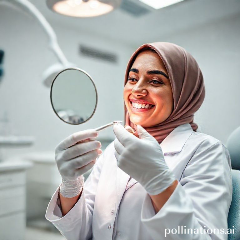 د. ريم شهاب تفحص أسنان مريض مبتسم في عيادة أسنان حديثة بالرياض