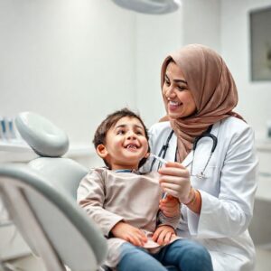 دكتورة ريم شهاب تبتسم لطفل في عيادة أسنان بالرياض، توضح له طريقة تنظيف الأسنان