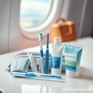 أدوات العناية بالأسنان بحجم السفر من فرشاة ومعجون وخيط وغسول فم، مع حقيبة سفر في الخلفية، لضمان ابتسامة صحية أثناء الرحلات.