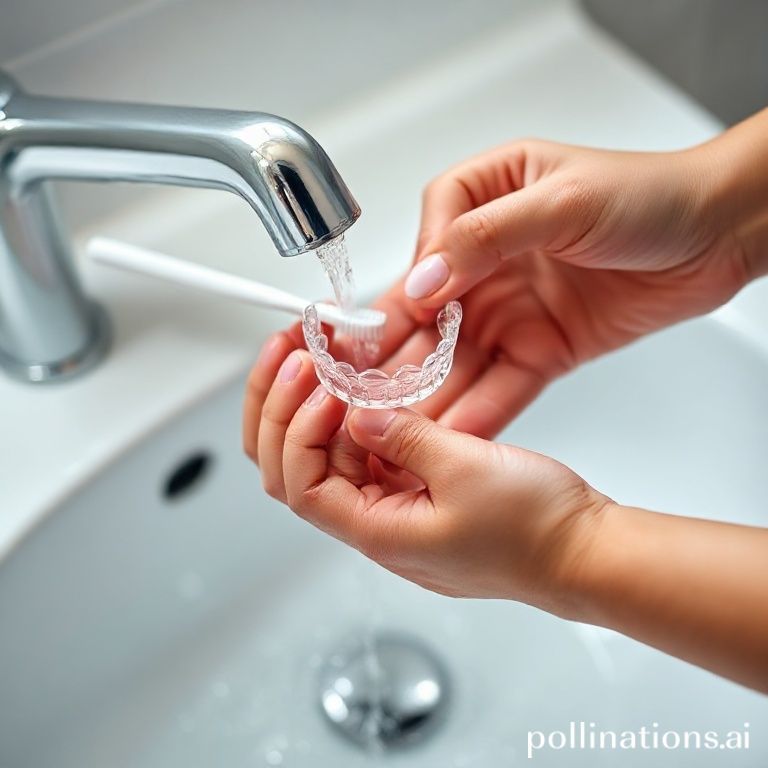 شخص يقوم بتنظيف جهاز التقويم المتحرك بفرشاة أسنان ناعمة تحت الماء الجاري، في عيادة د. ريم شهاب بالرياض.