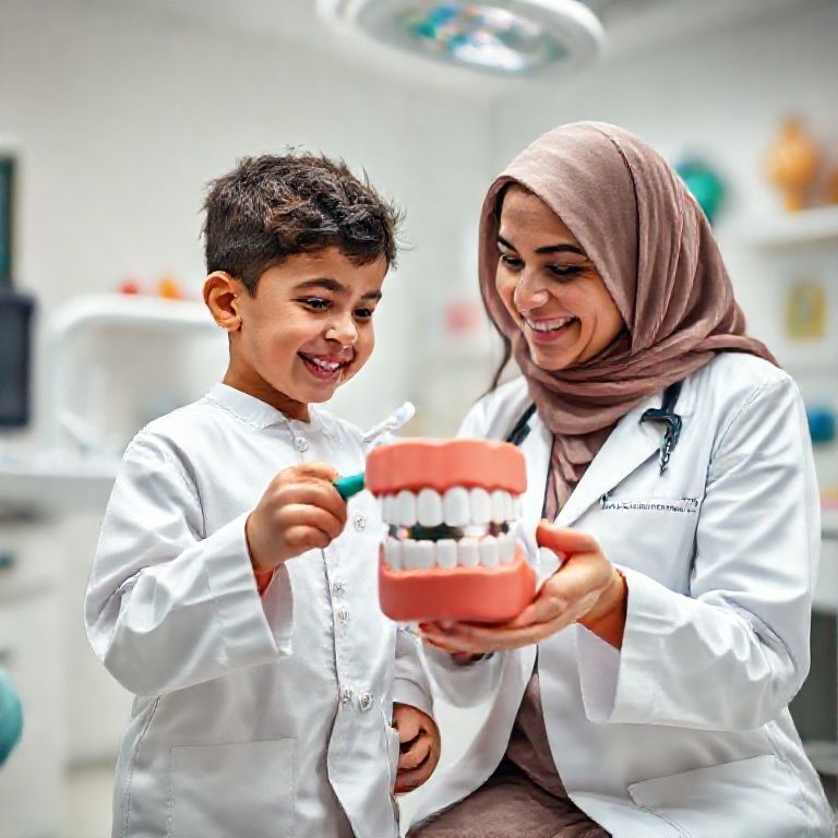 د. ريم شهاب تعلم طفلاً كيفية تنظيف أسنانه في عيادتها بالرياض