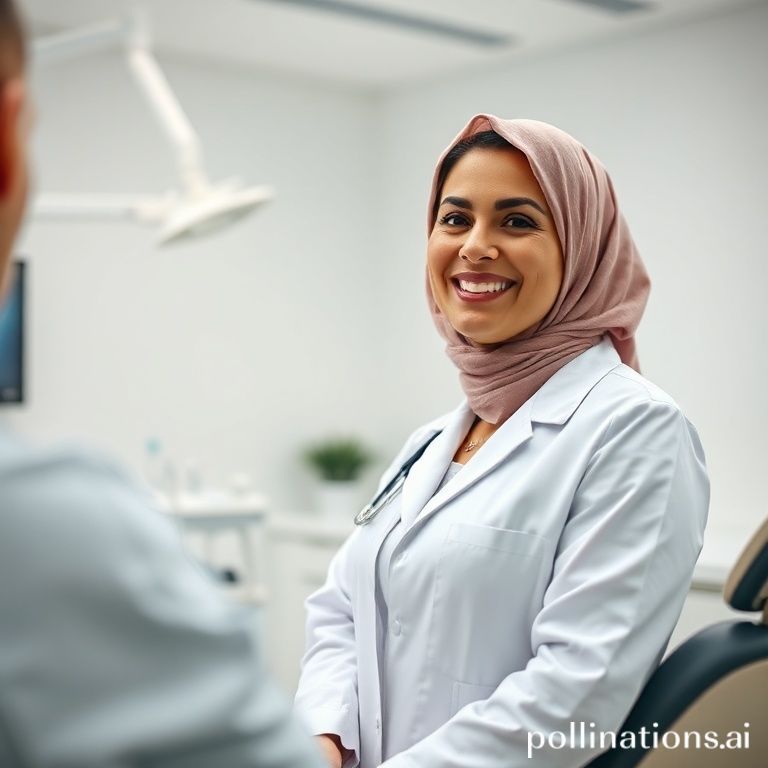 الدكتورة ريم شهاب تبتسم بثقة في عيادتها الحديثة، تقدم نصائح للعناية بالفم والأسنان.