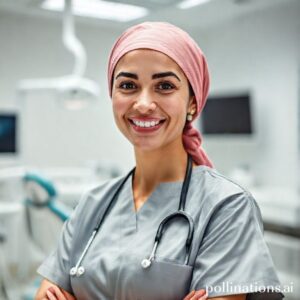 صورة د. ريم شهاب، طبيبة أسنان سعودية، تبتسم بثقة في عيادتها الحديثة لطب الأسنان في القنفذة.